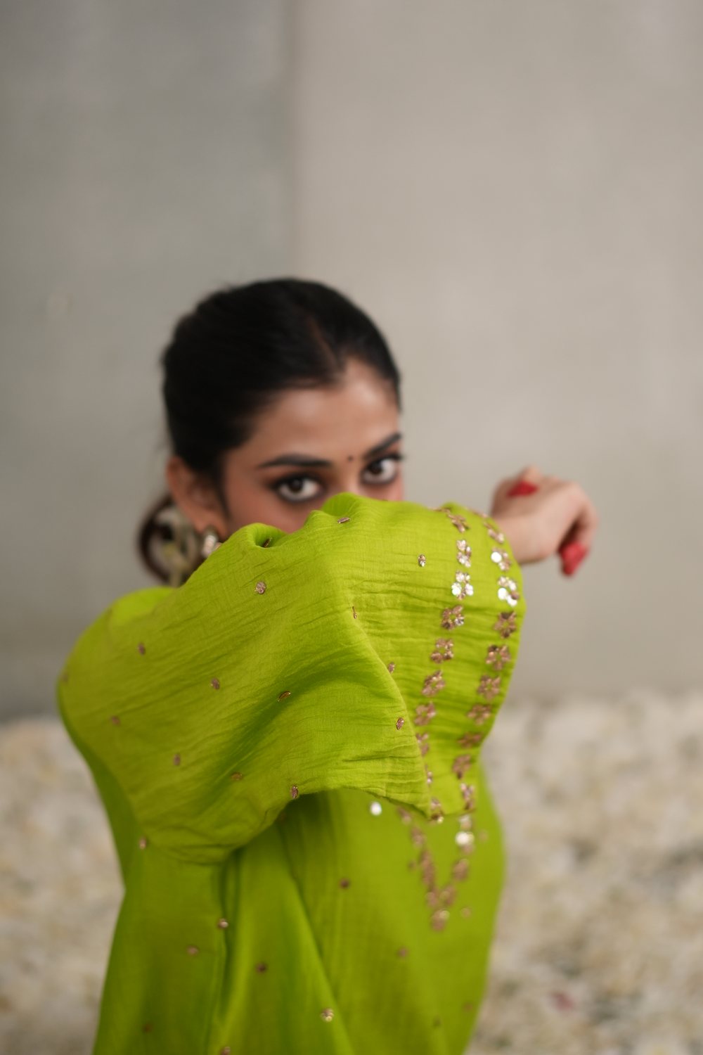Firdaus Parrot Green Farshi suit — sleeve portrait