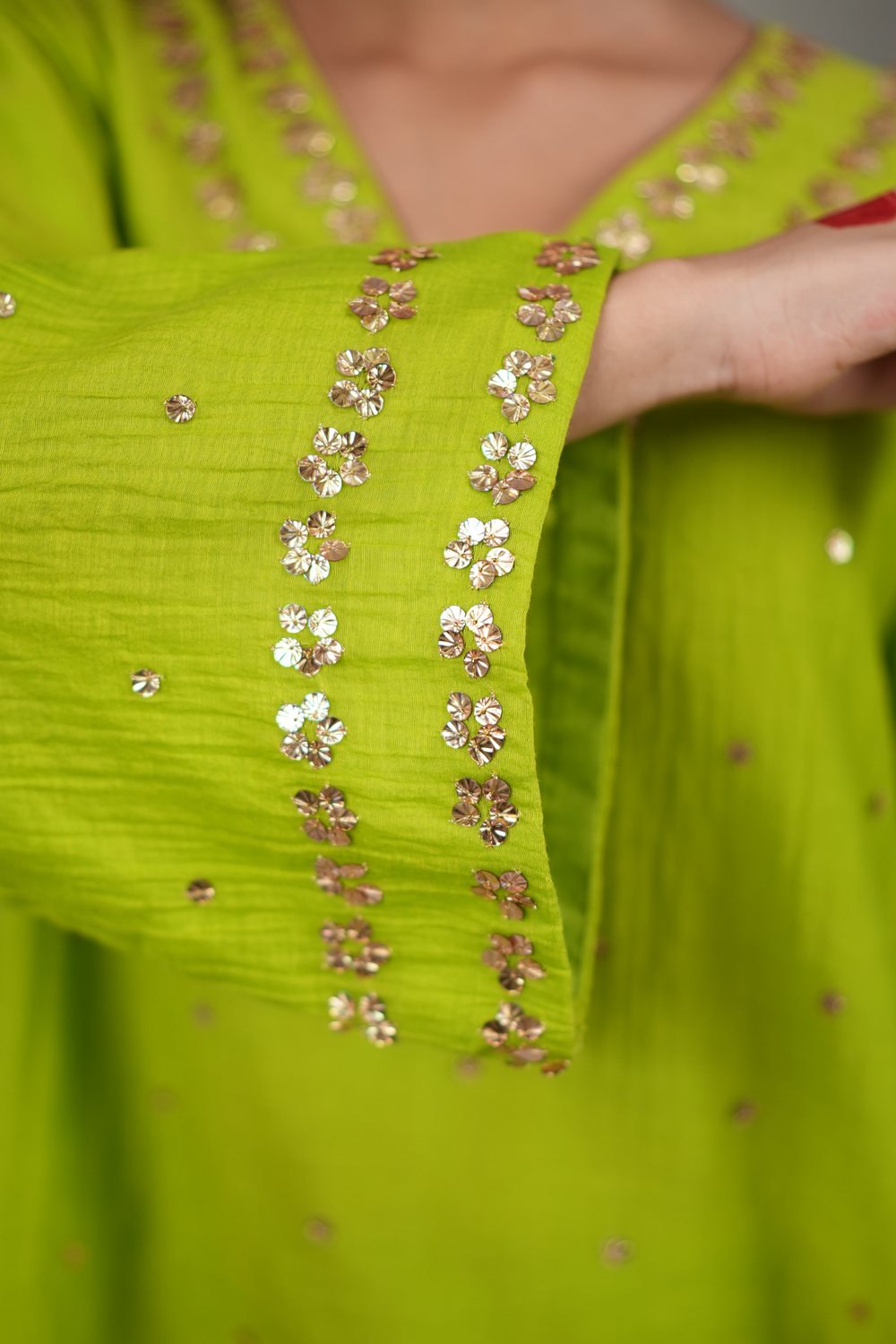 Firdaus Parrot Green Farshi suit — embellished sleeve detail