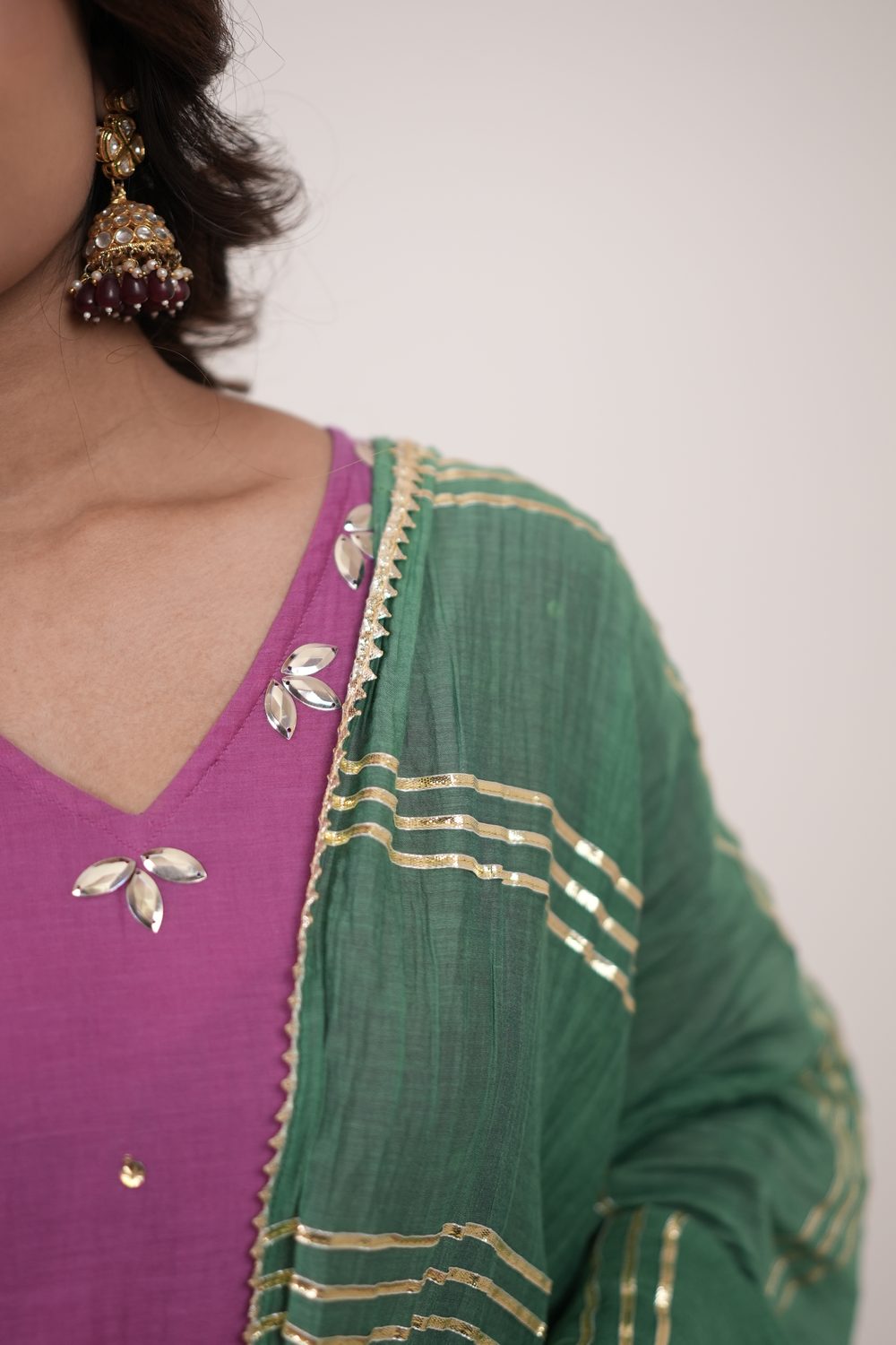 Kinari Kraft Green and Pink Anarkali suit set — neckline and dupatta detail