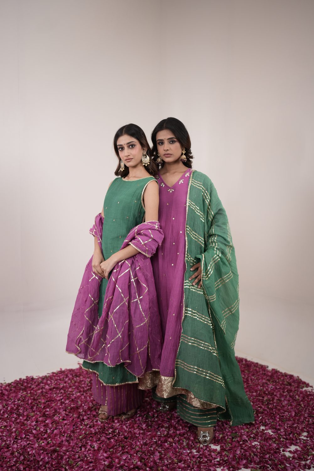 Kinari Kraft Green and Pink Anarkali suit set — coordinated editorial view
