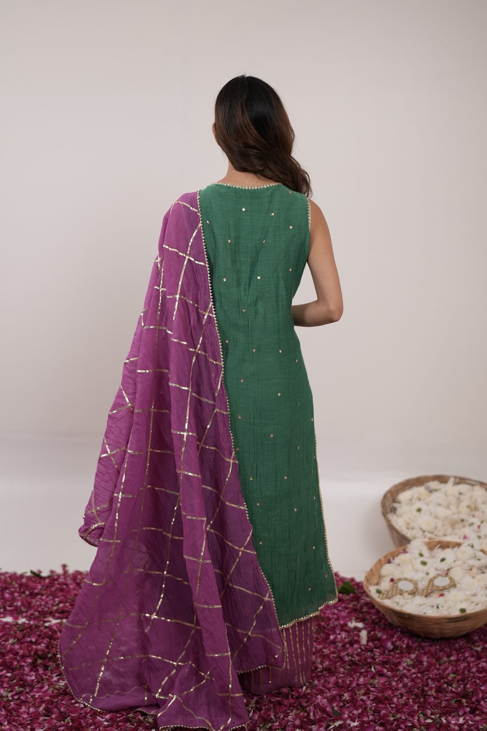 Resham Royal Green and Pink suit set — back view