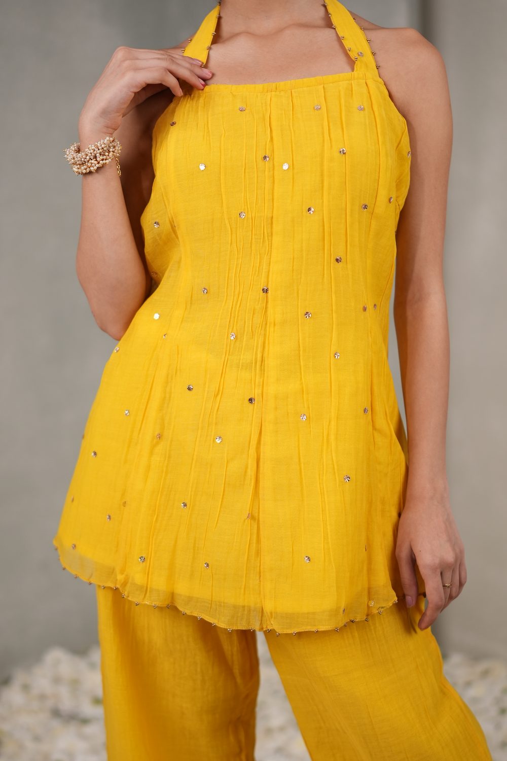 Sunehri Slouch Yellow co-ord set — top and sequin detail
