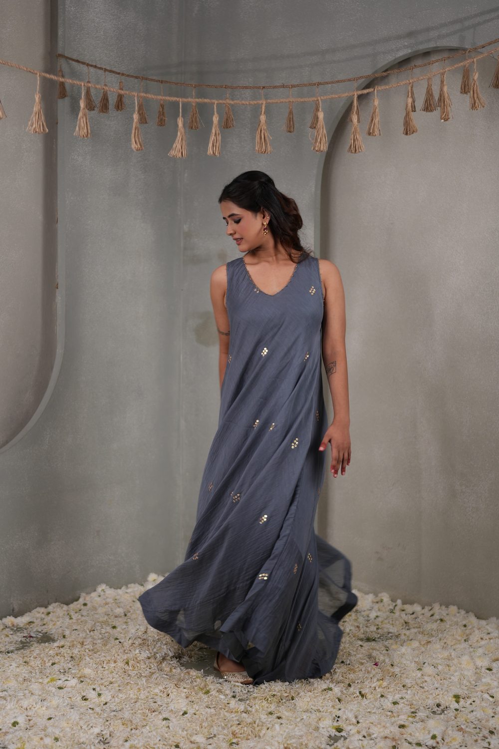 Baithak Breezy Asymmetric Dress — Grey