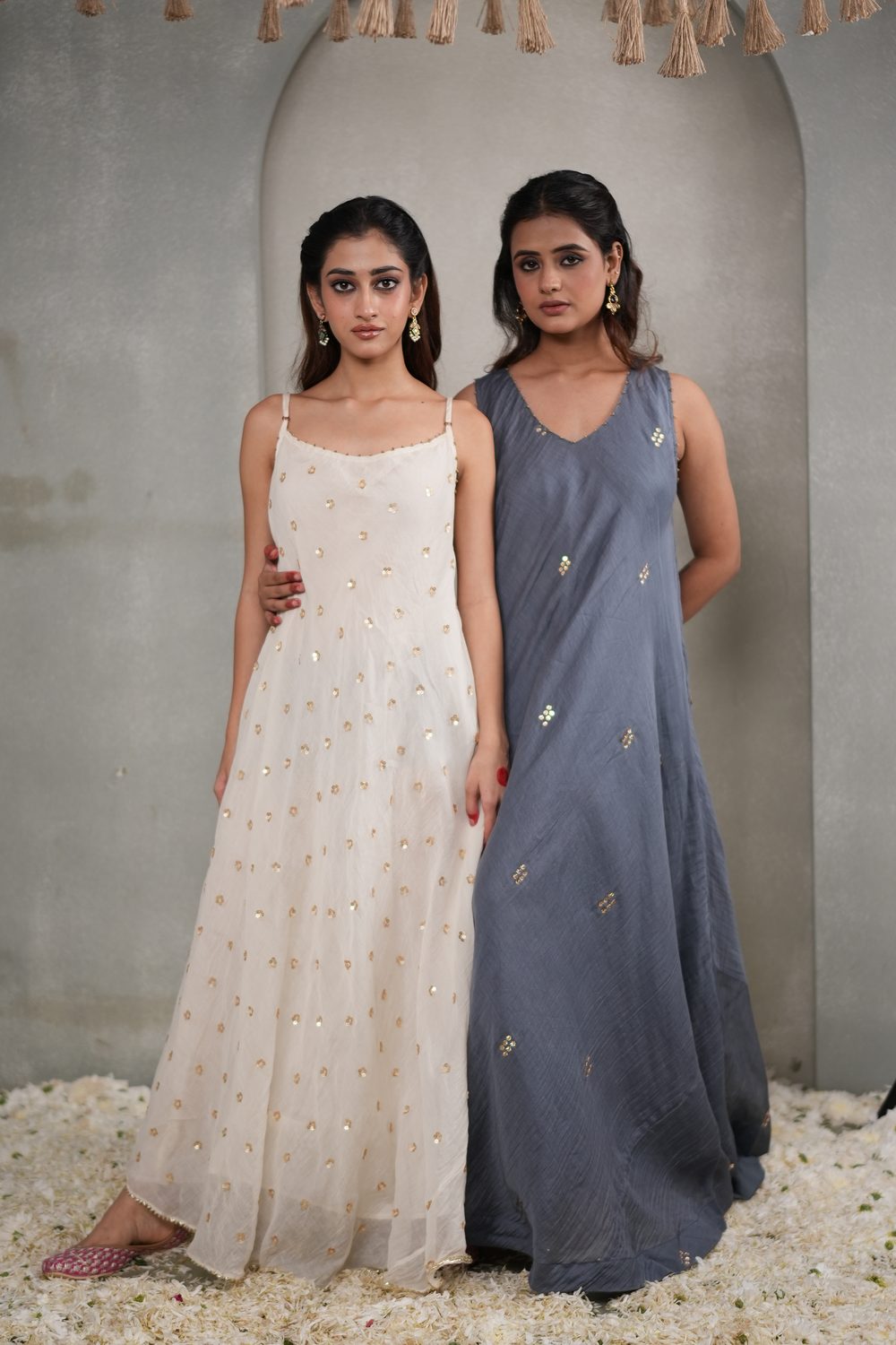Baithak Breezy Grey asymmetric dress — coordinated editorial view